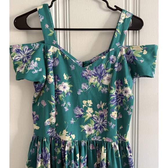 Vtg Laura Ashley Tea Dress Green Floral Cottagecore Exposed Shoulder Size 6 (4) - Picture 3 of 12